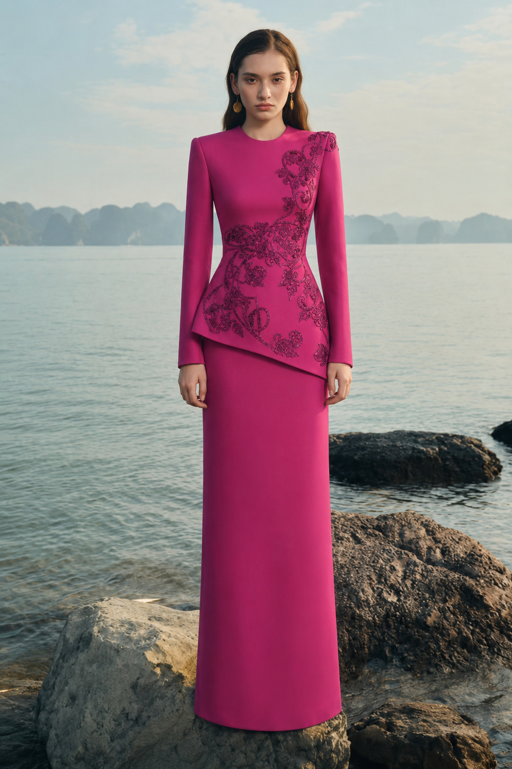 Long Sleeves Round Neck Straight Dress - TRACY COUTURE