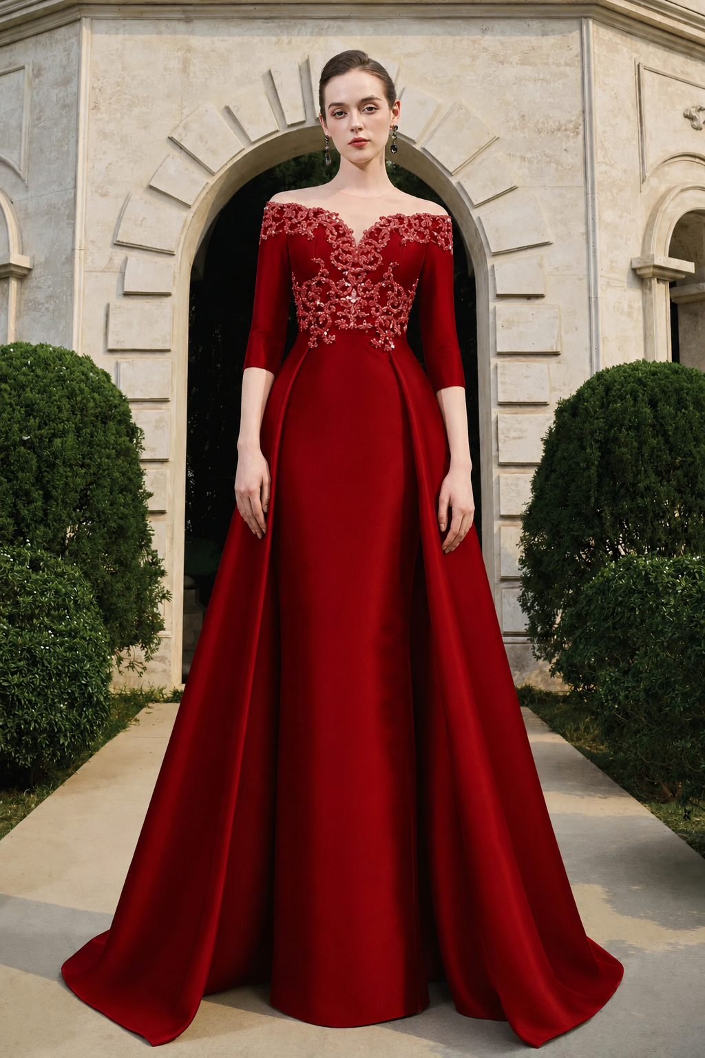 Off Shoulder Middle Sleeve Flared Dress - TRACY COUTURE