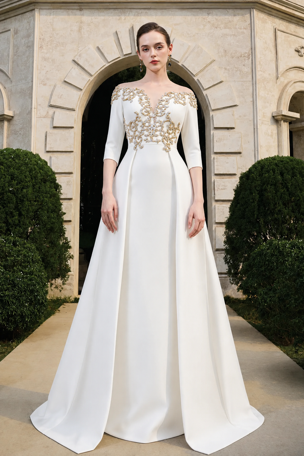 Off Shoulder Middle Sleeve Flared Dress - TRACY COUTURE