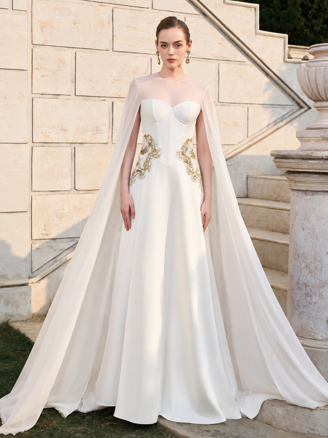 Long See-Through Flared Back Flap With Symmetric Embellished Dress - TRACY COUTURE