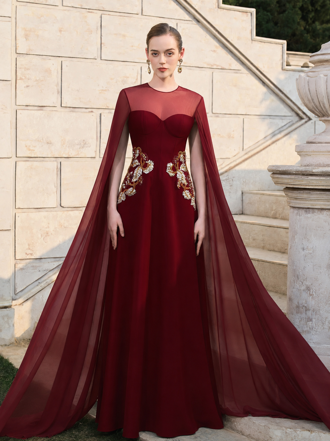 Long See-Through Flared Back Flap With Symmetric Embellished Dress - TRACY COUTURE