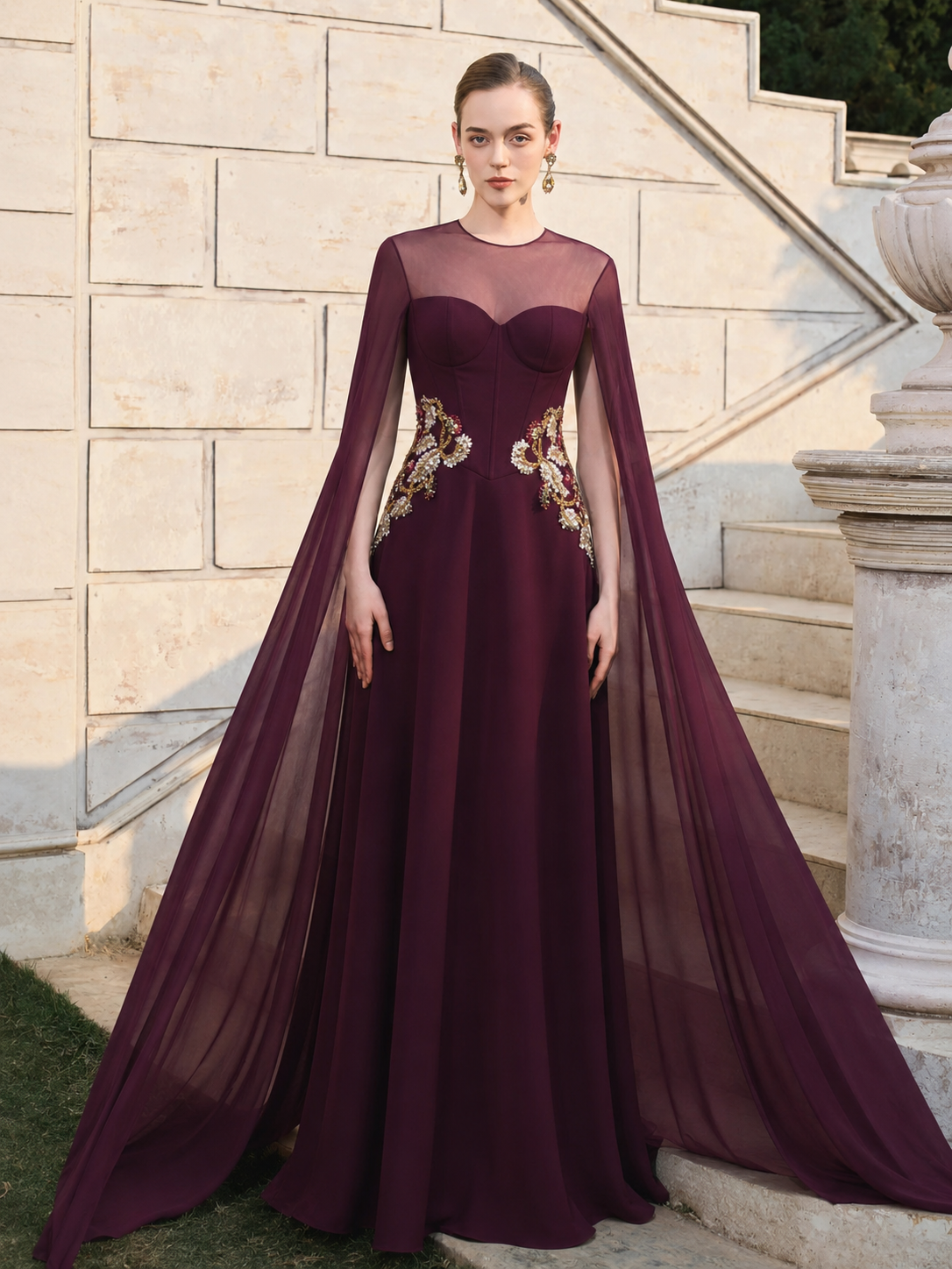 Long See-Through Flared Back Flap With Symmetric Embellished Dress - TRACY COUTURE