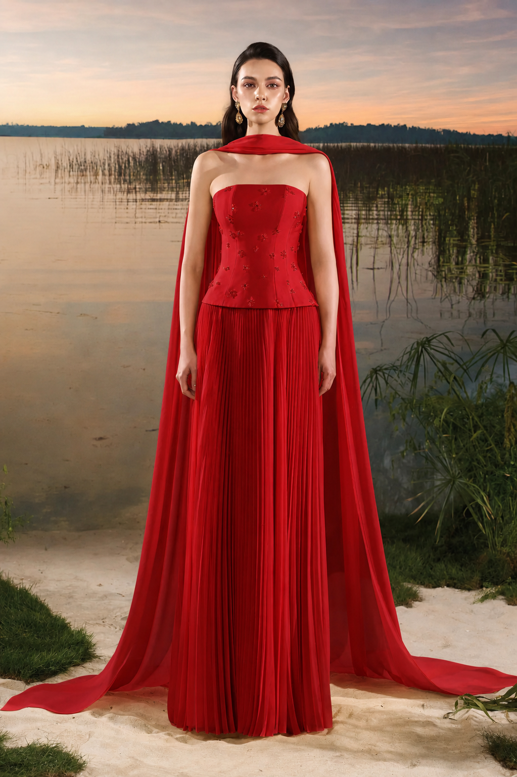 See Through Long Flap Open Shoulder Gathered Dress - TRACY COUTURE