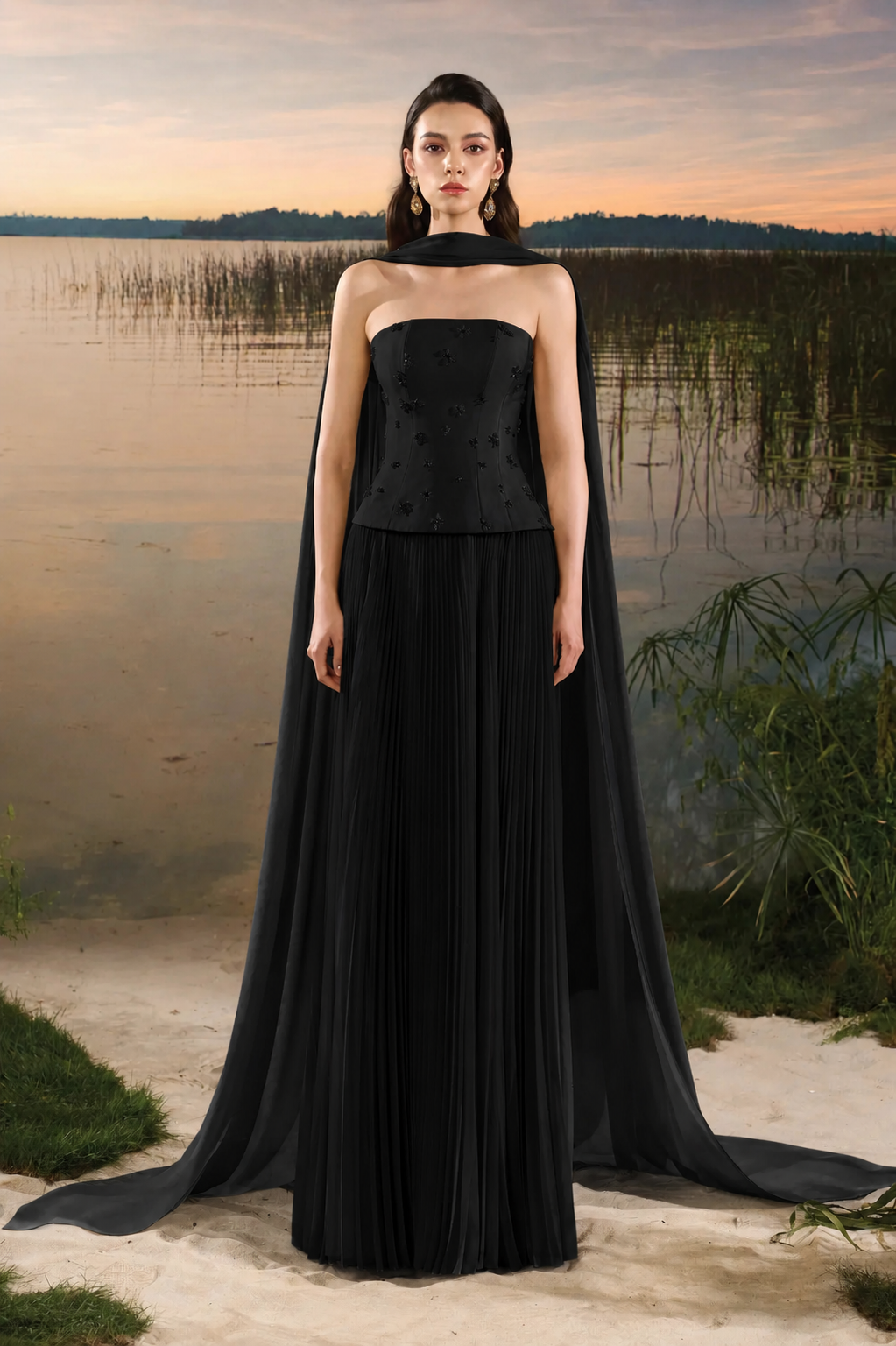 See Through Long Flap Open Shoulder Gathered Dress - TRACY COUTURE