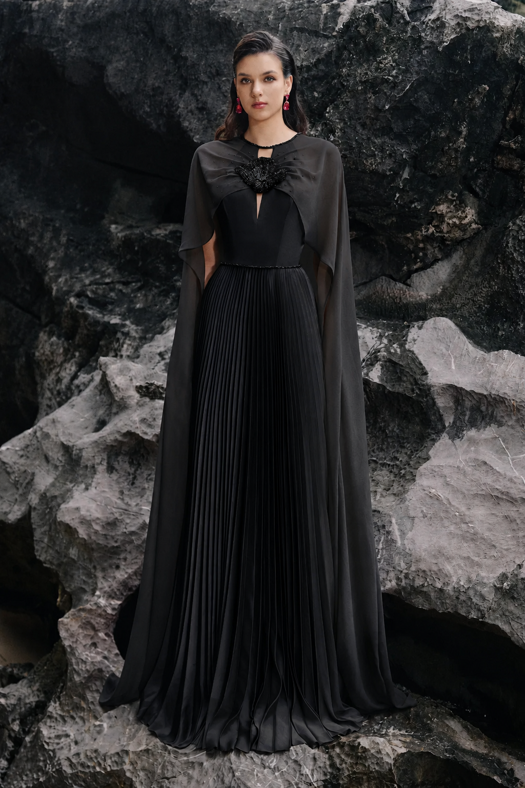 Long Sleeves Cape Pleated Dress - TRACY COUTURE