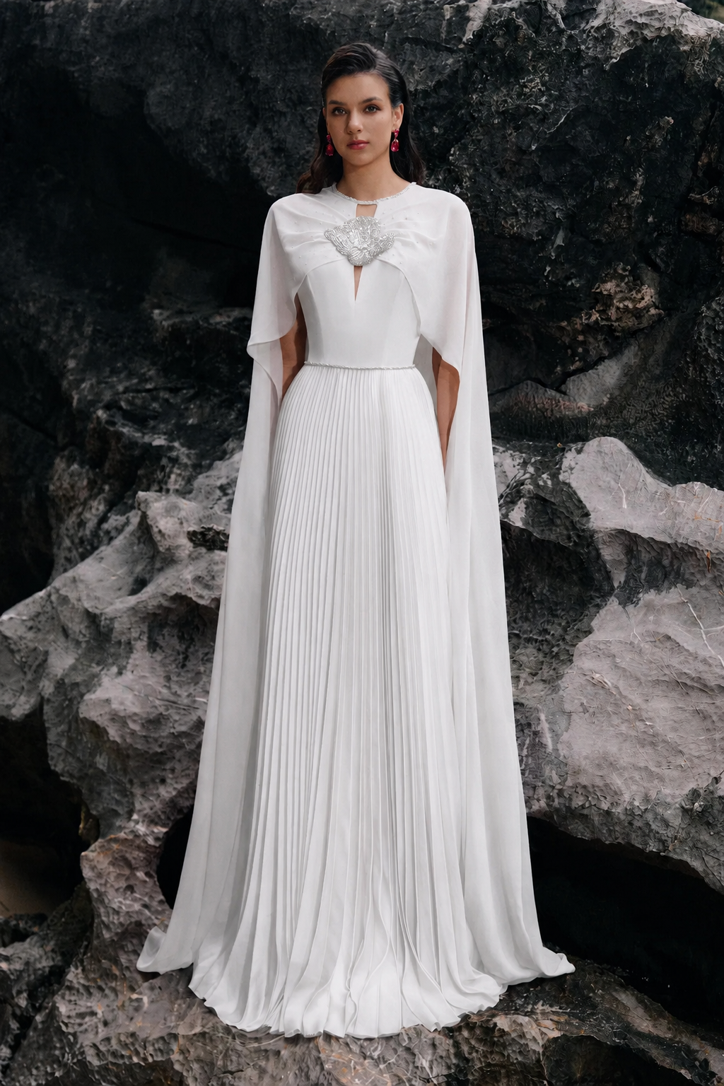 Long Sleeves Cape Pleated Dress - TRACY COUTURE