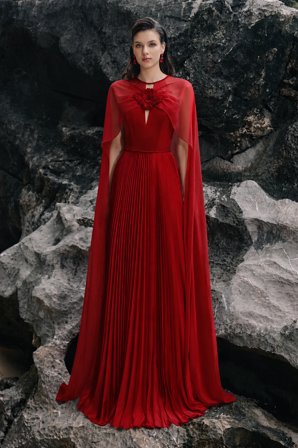 Long Sleeves Cape Pleated Dress - TRACY COUTURE
