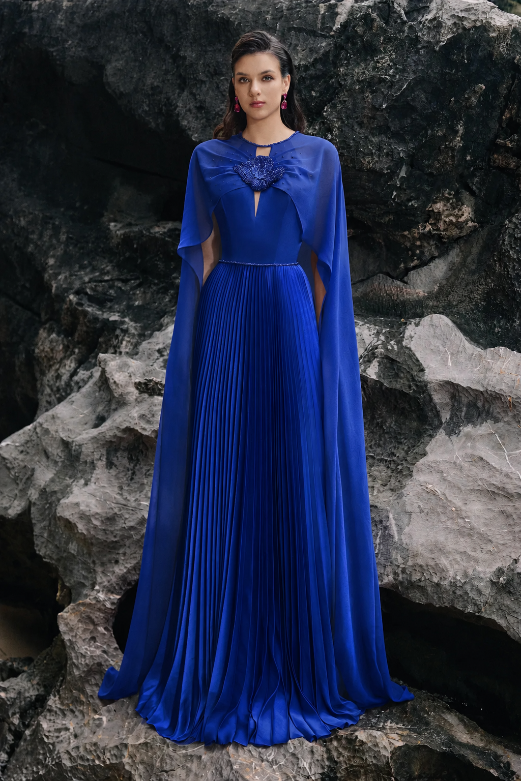 Long Sleeves Cape Pleated Dress - TRACY COUTURE