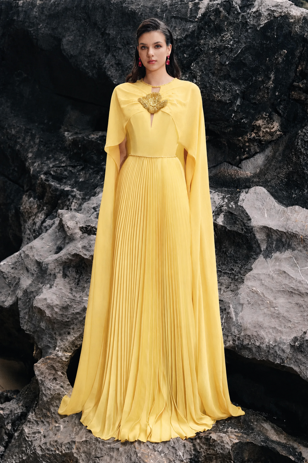 Long Sleeves Cape Pleated Dress - TRACY COUTURE
