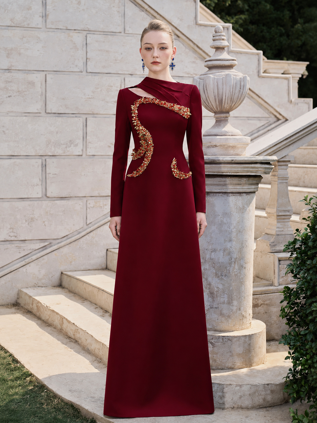 Diagonal Neck And Cut Out With Curved Crystal-Embellished Dress - TRACY COUTURE