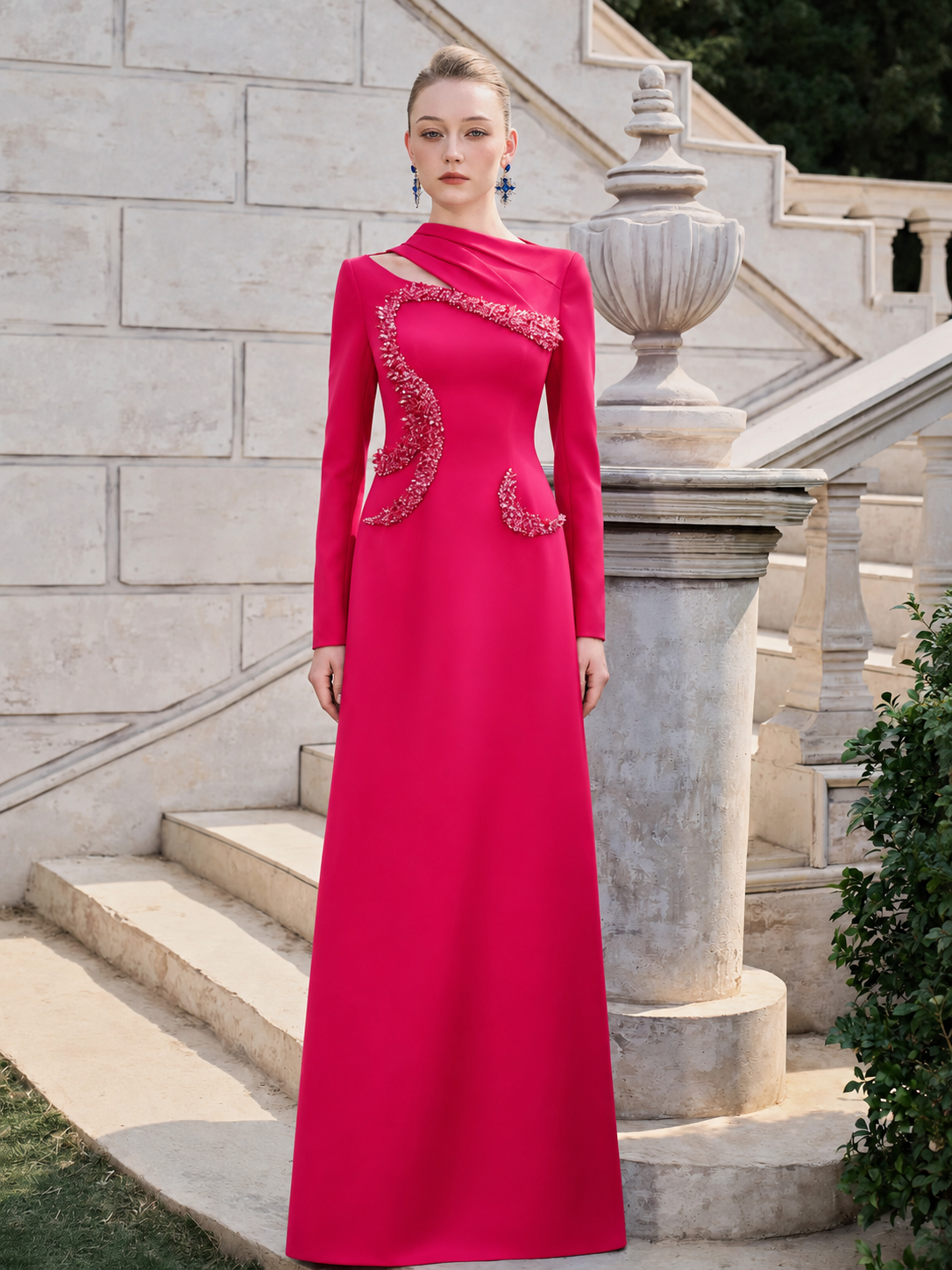Diagonal Neck And Cut Out With Curved Crystal-Embellished Dress - TRACY COUTURE