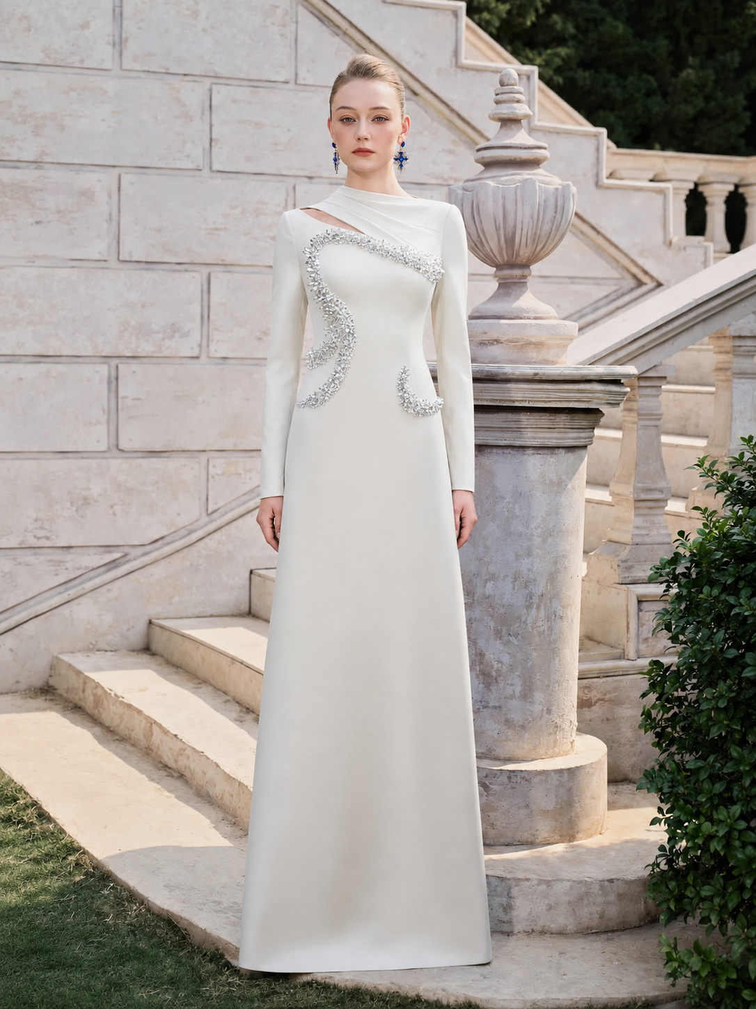 Diagonal Neck And Cut Out With Curved Crystal-Embellished Dress - TRACY COUTURE