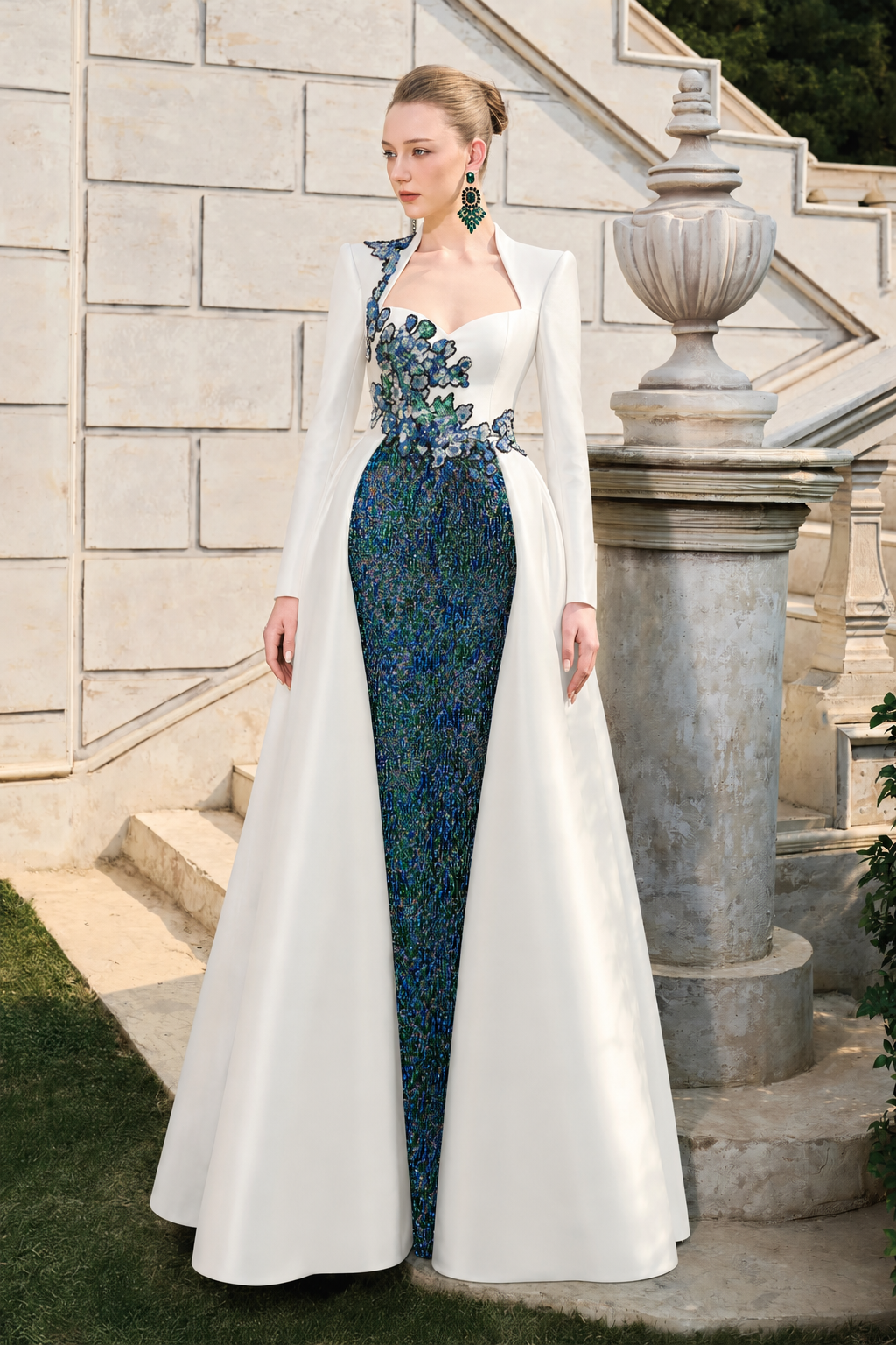 Anne Queen Neck Fitted Dress With Flared Skirt Flap - TRACY COUTURE