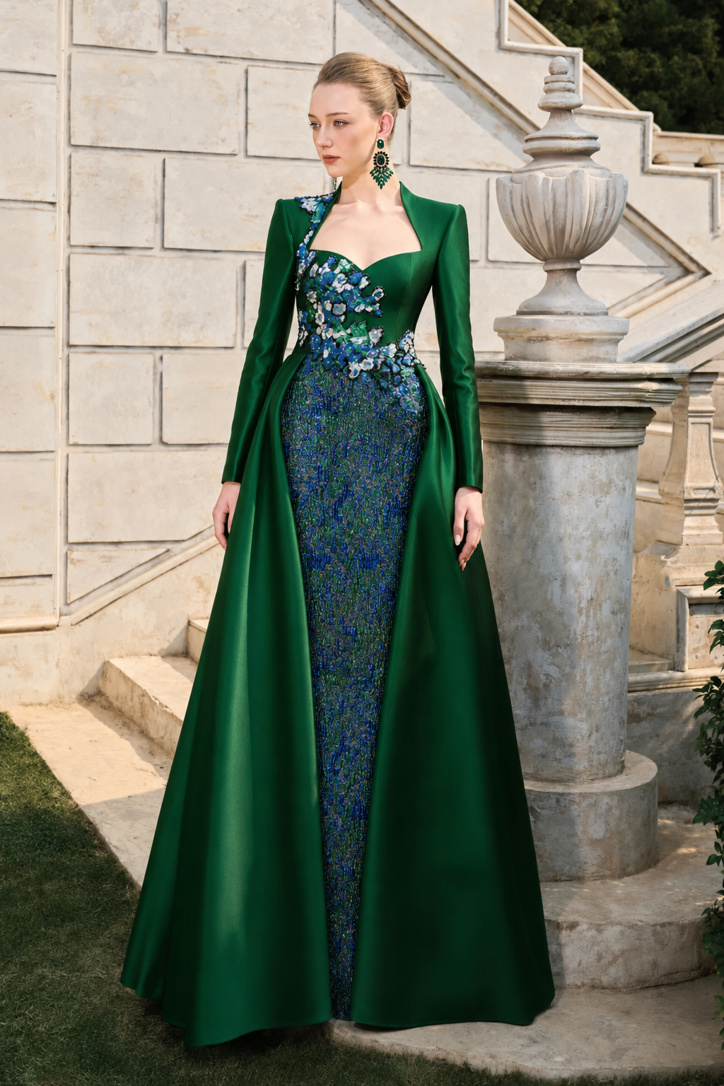 Anne Queen Neck Fitted Dress With Flared Skirt Flap - TRACY COUTURE