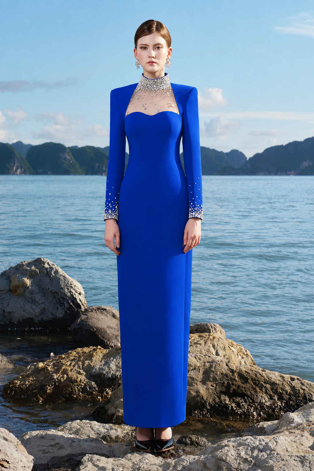 Crystal Embellished High Neck Dress - TRACY COUTURE