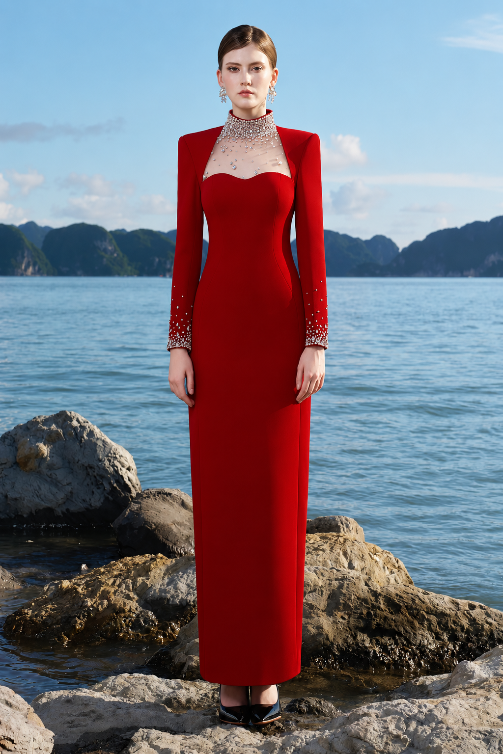 Crystal Embellished High Neck Dress - TRACY COUTURE