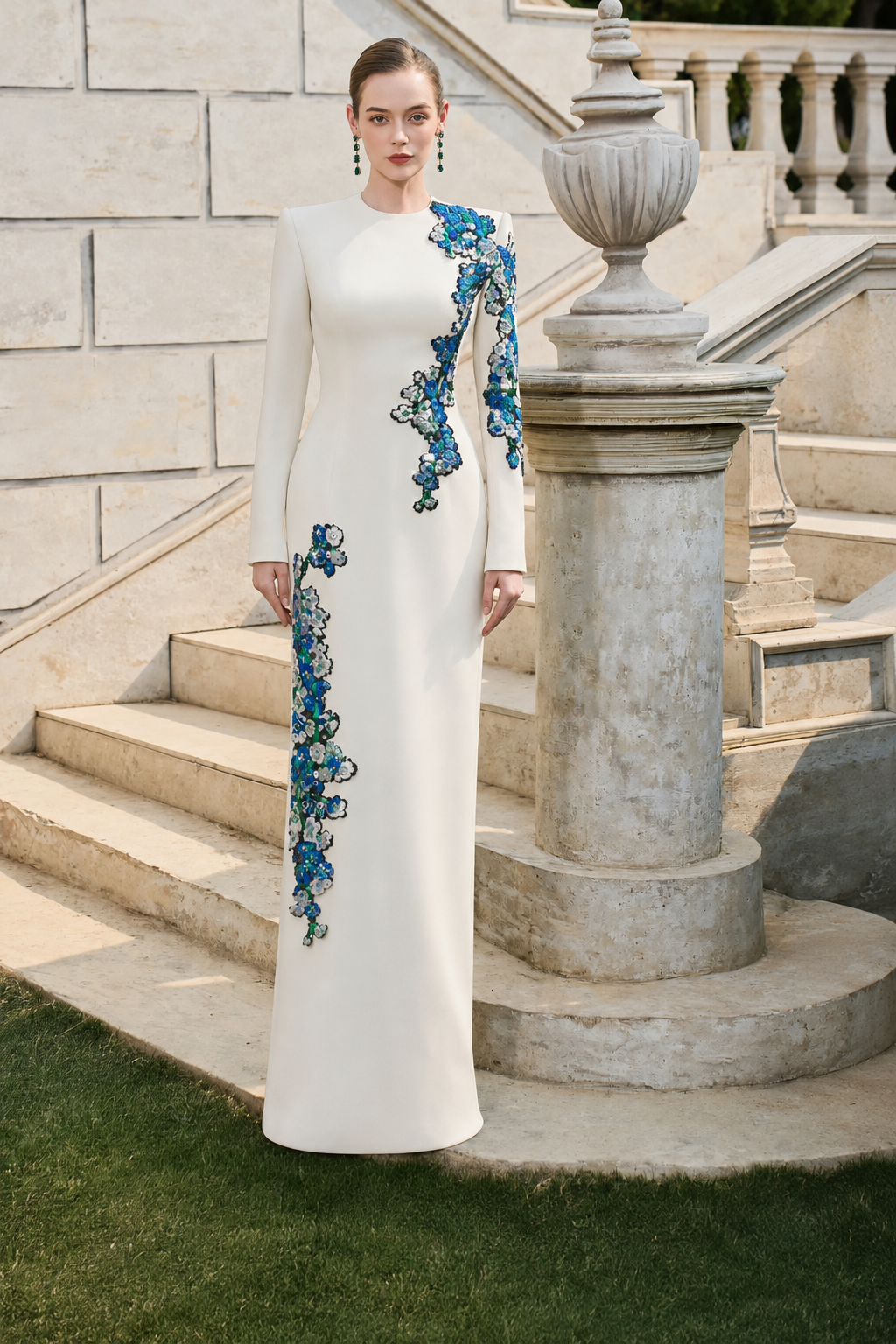 Symmetric Blue And White Floral Straight Dress - TRACY COUTURE