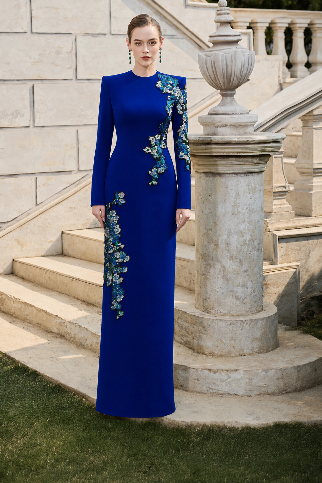 Symmetric Blue And White Floral Straight Dress - TRACY COUTURE