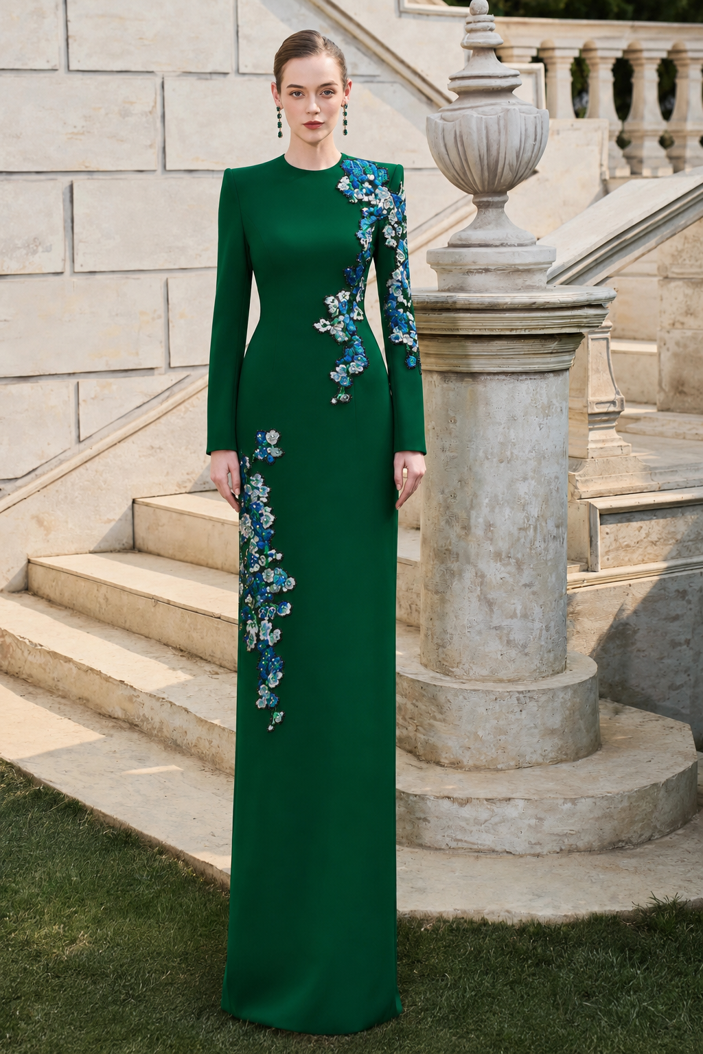 Symmetric Blue And White Floral Straight Dress - TRACY COUTURE