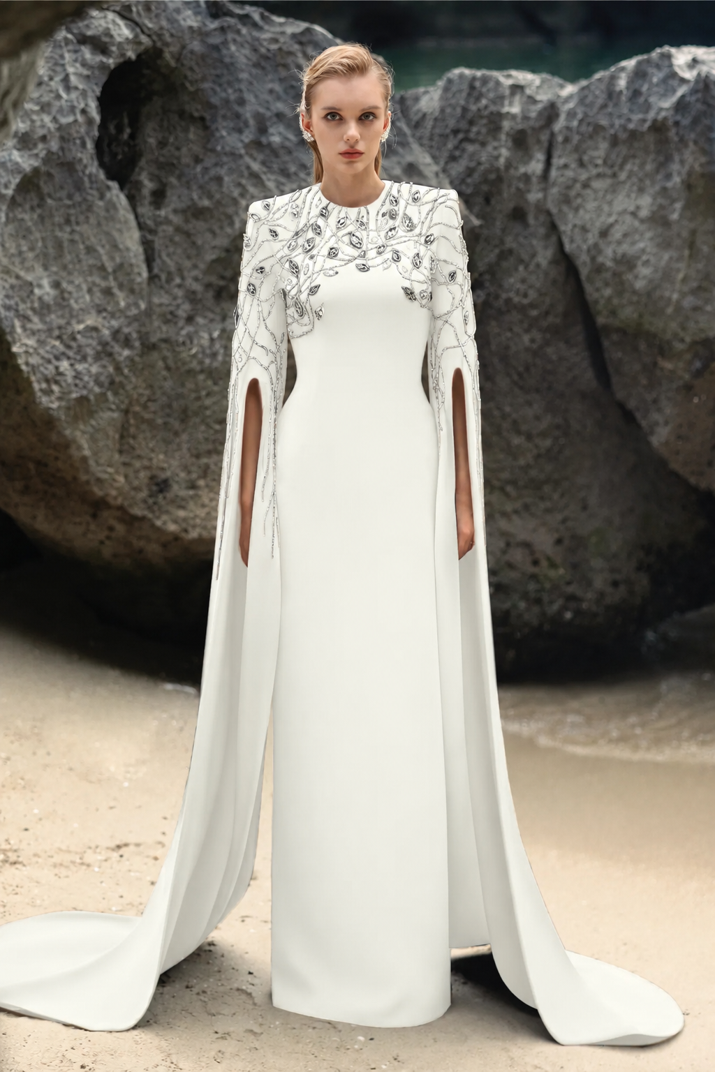 Crystal Embellished Sleeves Slit Long Cape - TRACY COUTURE