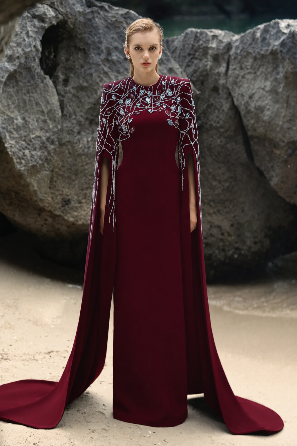 Crystal Embellished Sleeves Slit Long Cape - TRACY COUTURE