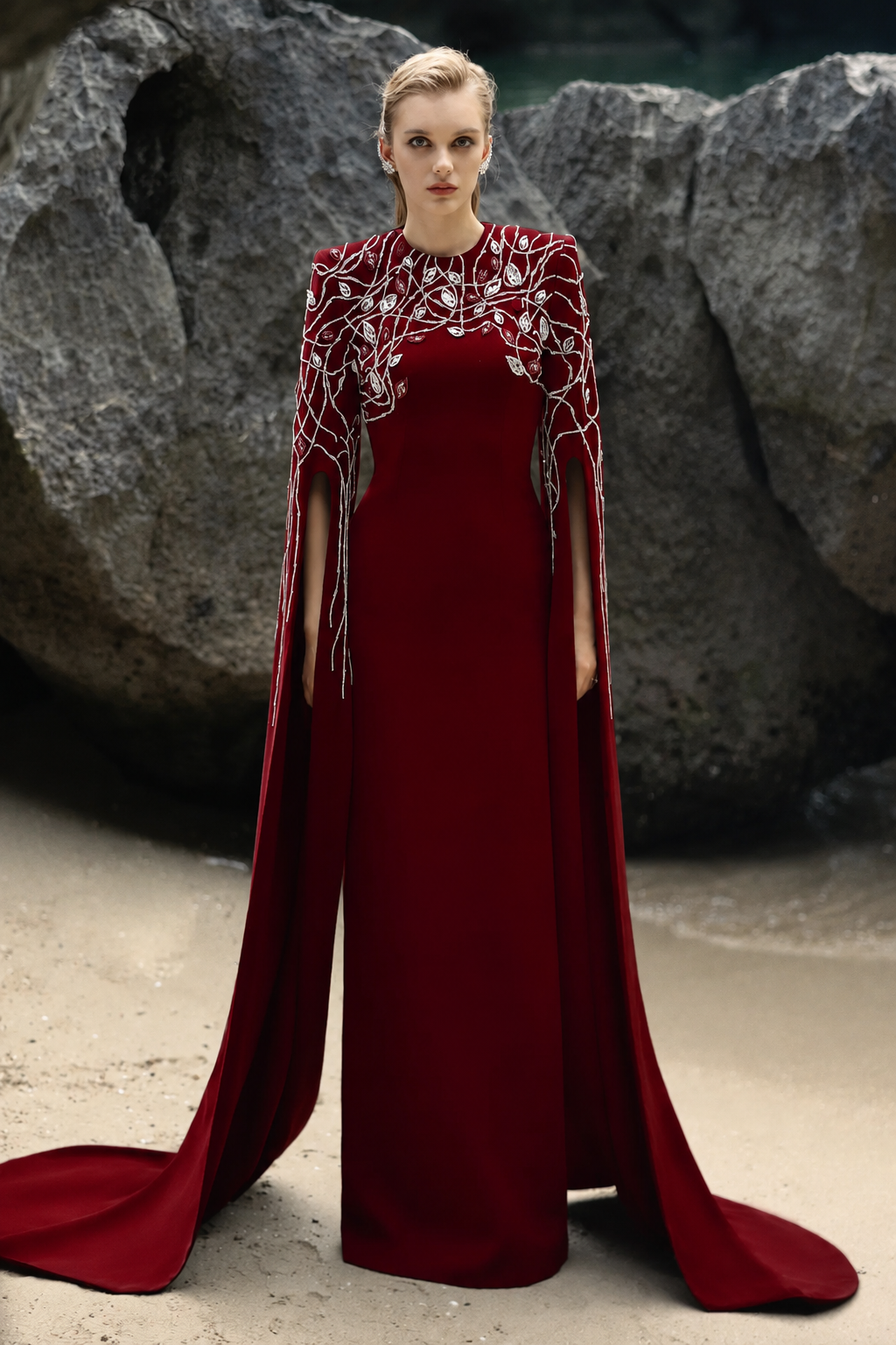 Crystal Embellished Sleeves Slit Long Cape - TRACY COUTURE