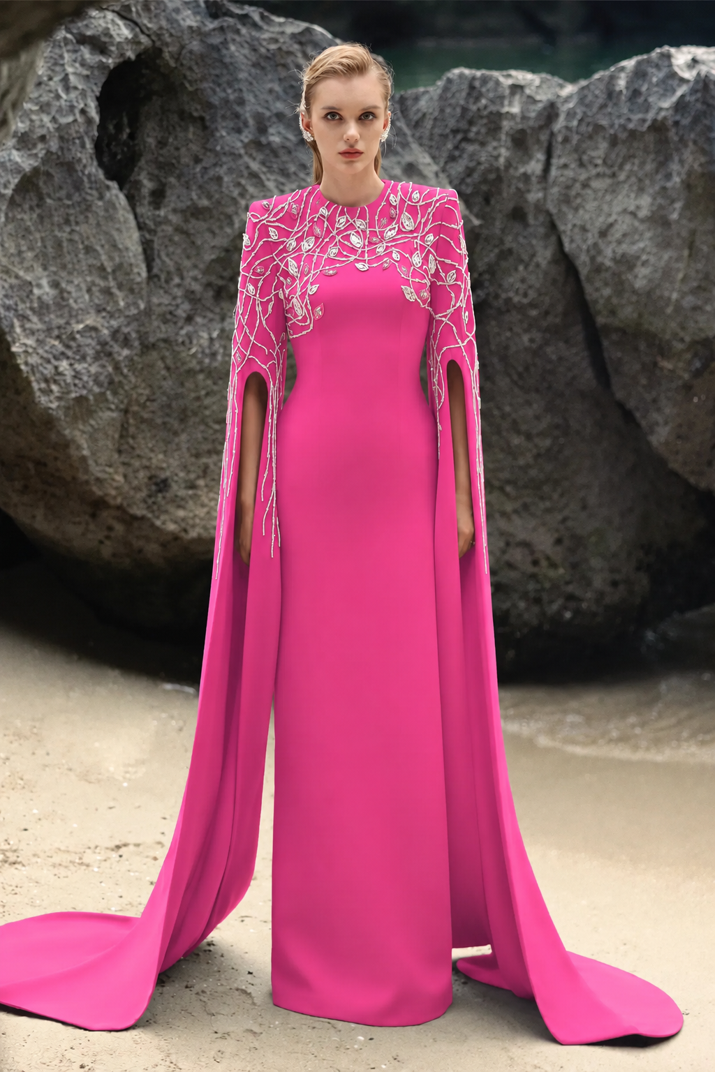 Crystal Embellished Sleeves Slit Long Cape - TRACY COUTURE