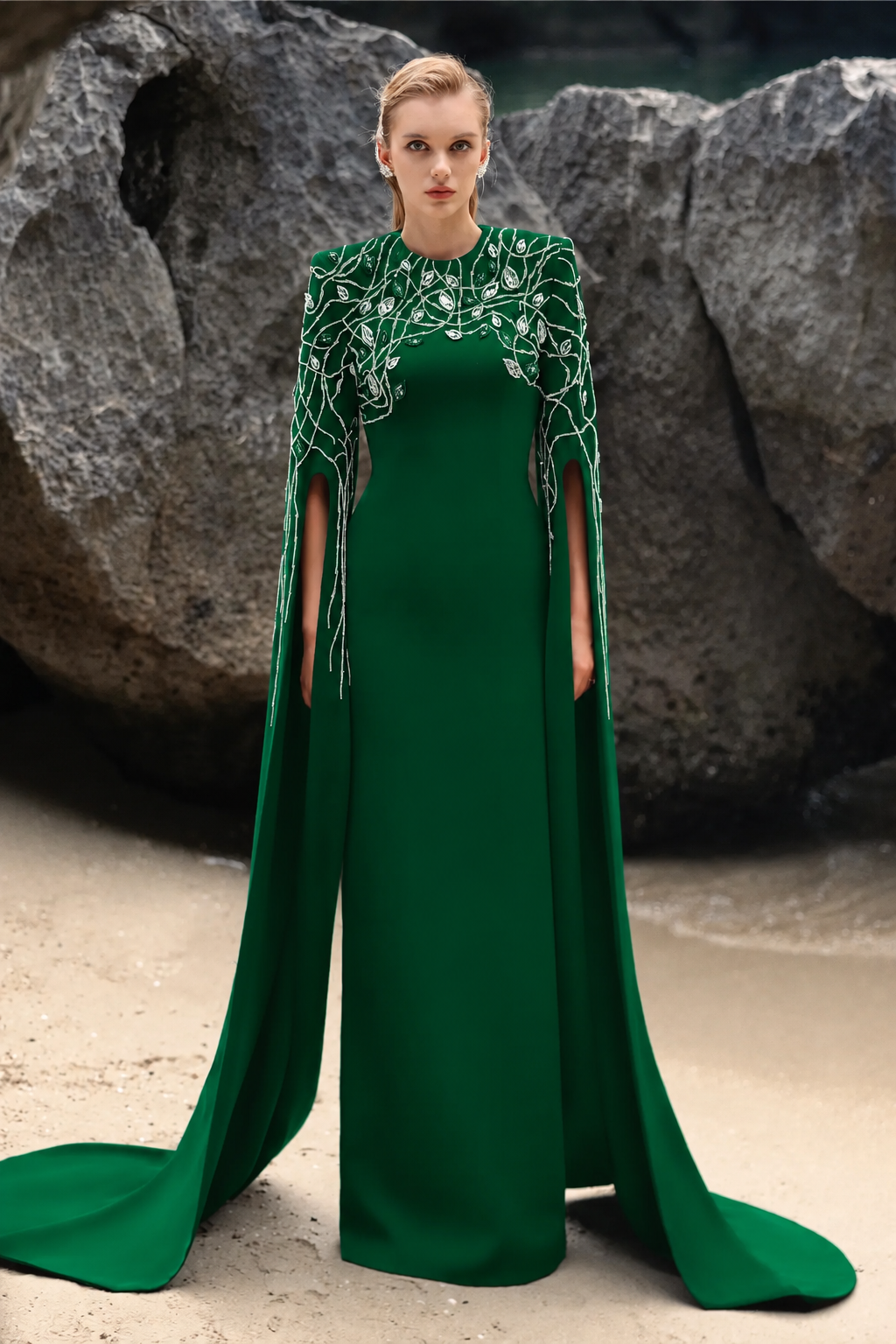 Crystal Embellished Sleeves Slit Long Cape - TRACY COUTURE