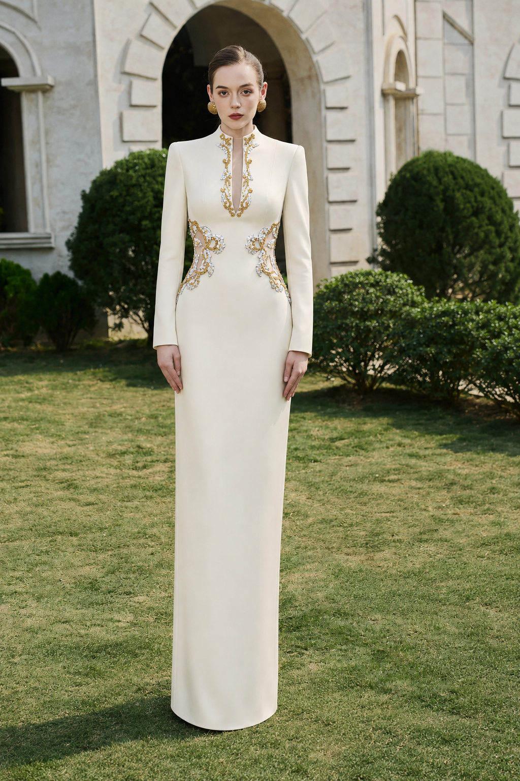 Symmetric Crystal-Embellished See-Through Chest Dress - TRACY COUTURE