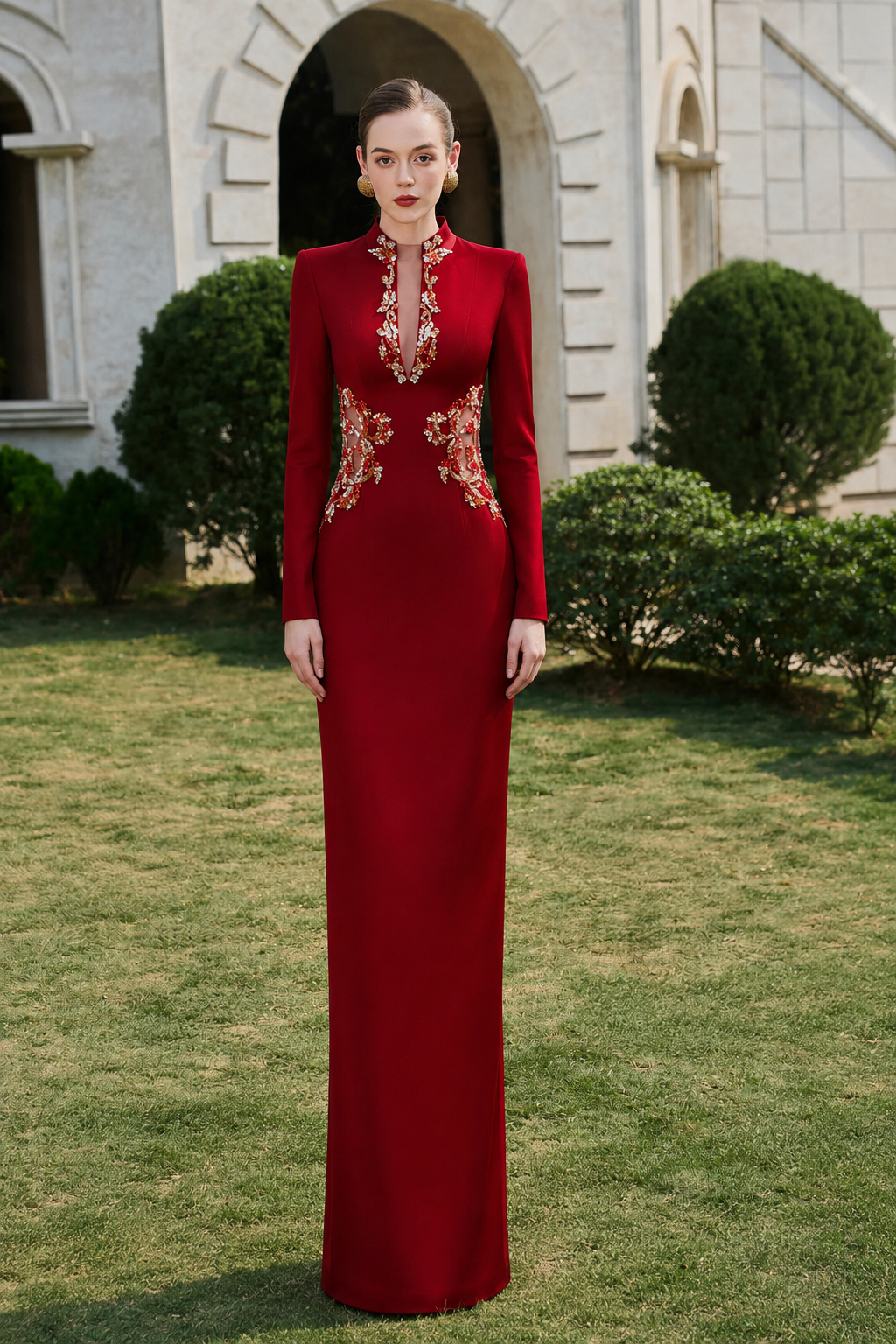 Symmetric Crystal-Embellished See-Through Chest Dress - TRACY COUTURE