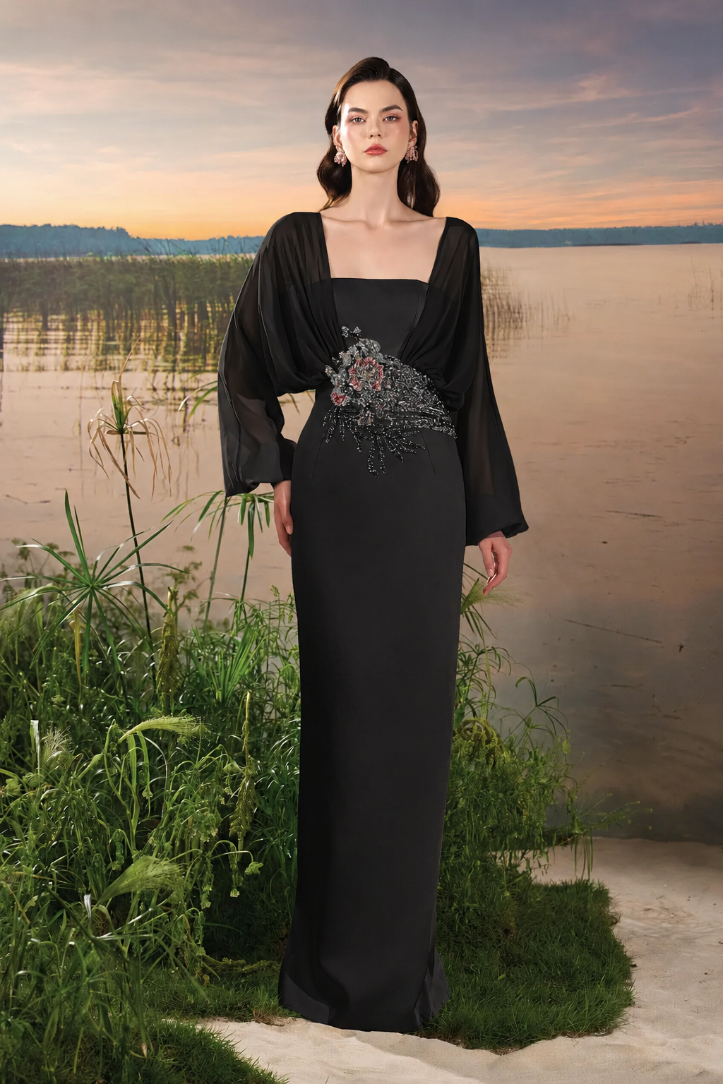 Long Puffy Sleeves Dress - TRACY COUTURE