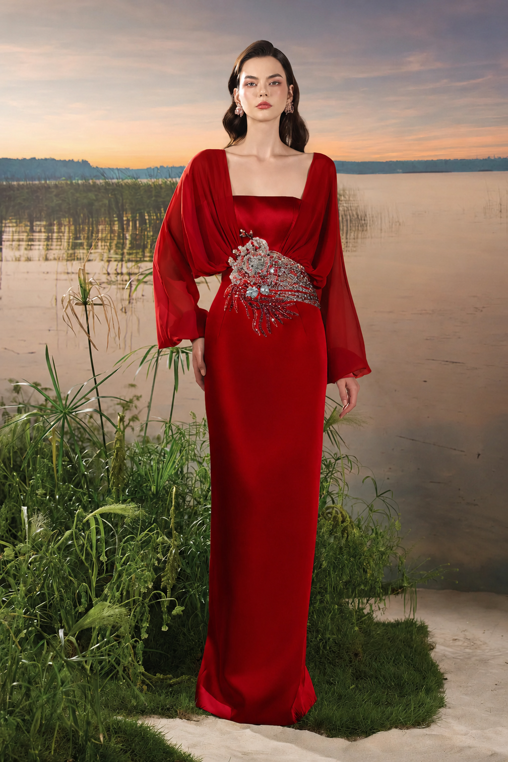 Long Puffy Sleeves Dress - TRACY COUTURE