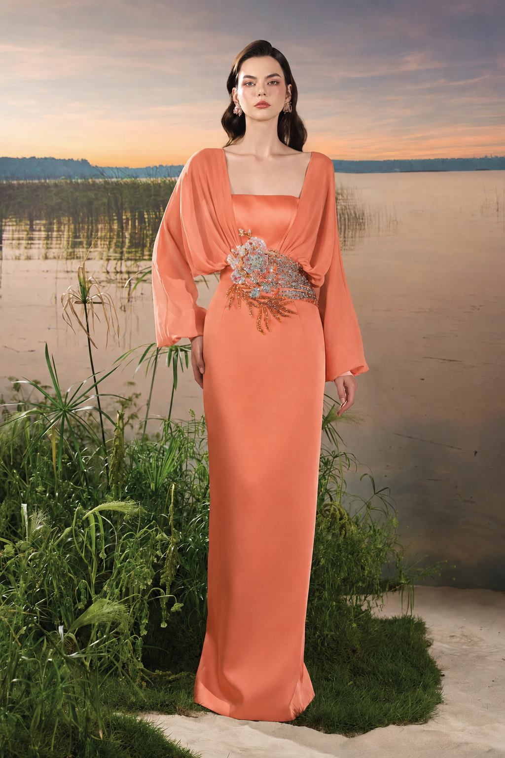Long Puffy Sleeves Dress - TRACY COUTURE