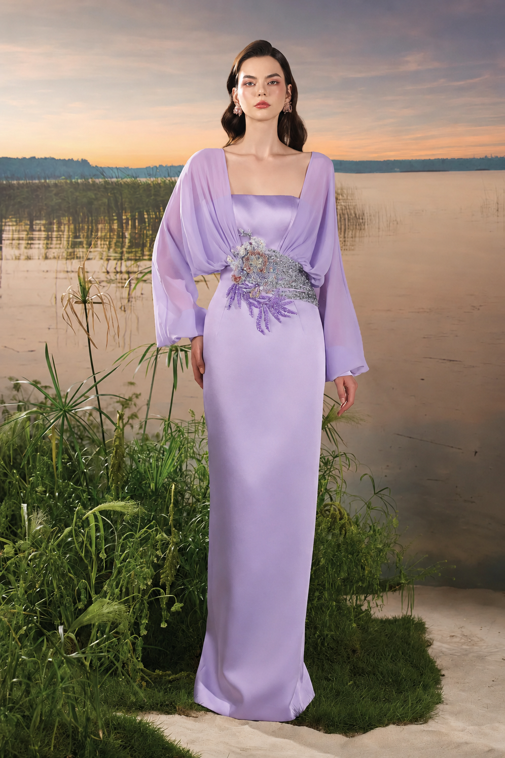 Long Puffy Sleeves Dress - TRACY COUTURE