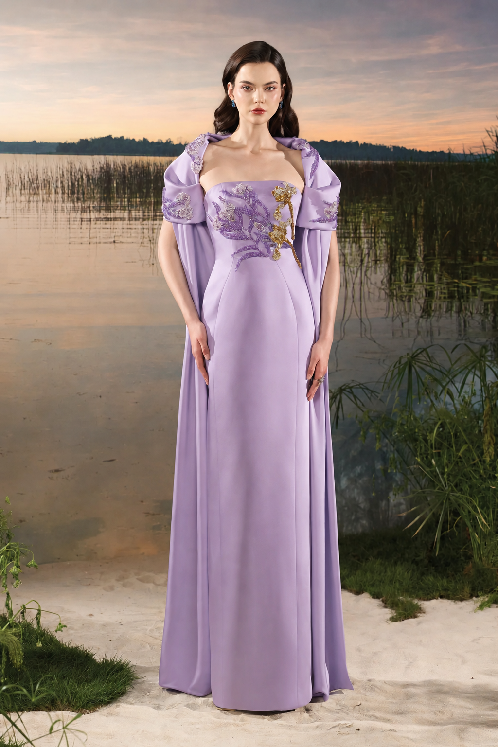 Puffy Shoulder Cape Strapless Dress - TRACY COUTURE
