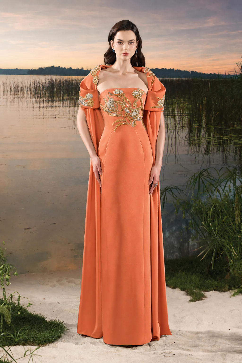 Puffy Shoulder Cape Strapless Dress - TRACY COUTURE