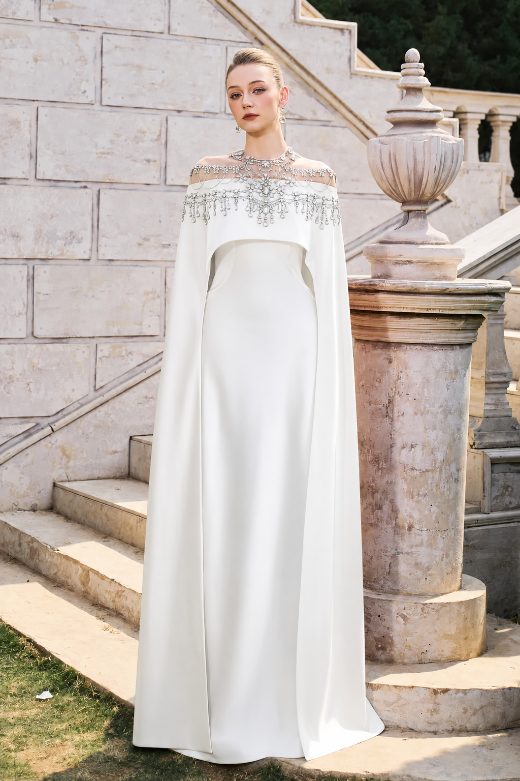 Crystal-Embellished See-Through Shoulder Long Flap Dress - TRACY COUTURE