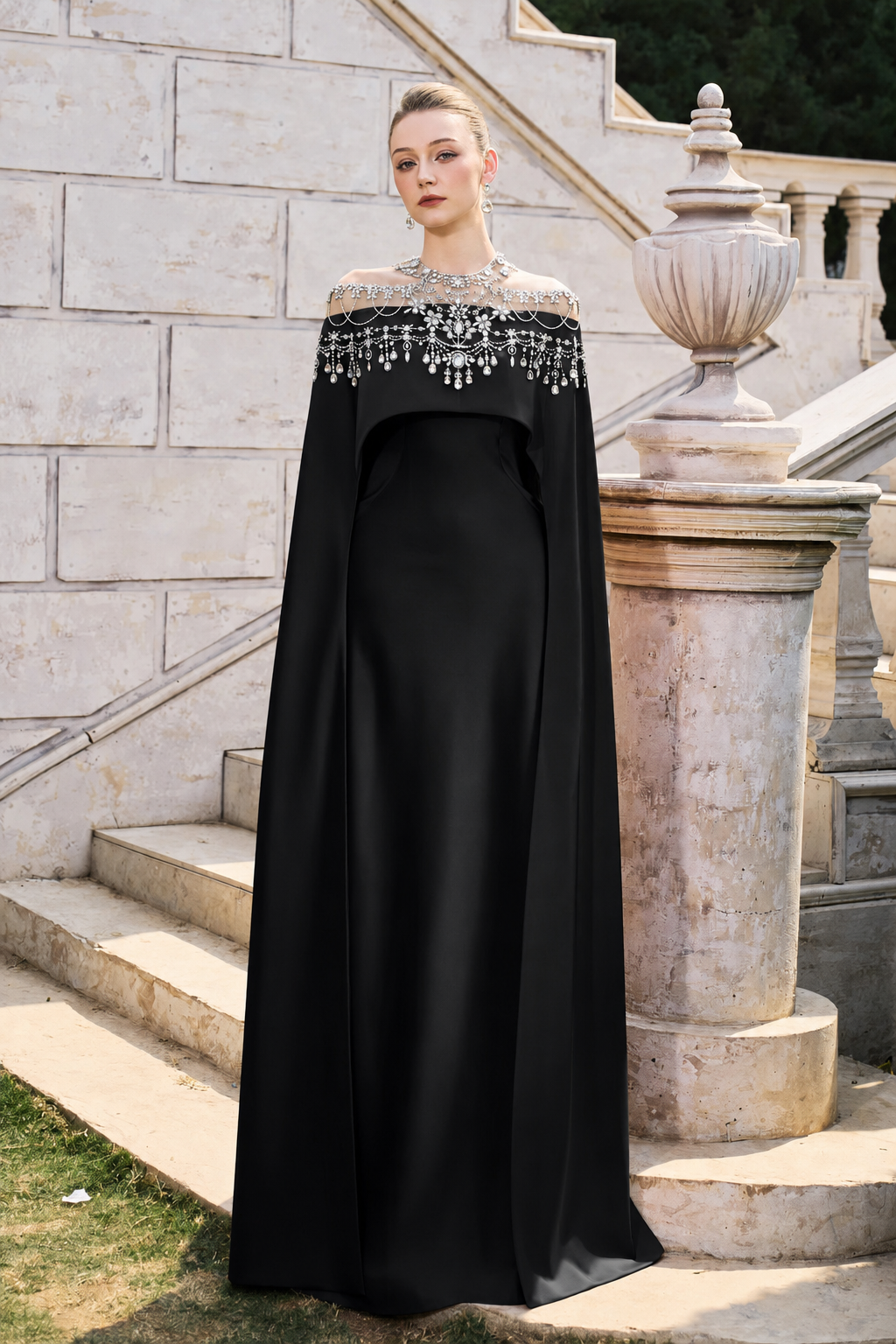 Crystal-Embellished See-Through Shoulder Long Flap Dress - TRACY COUTURE