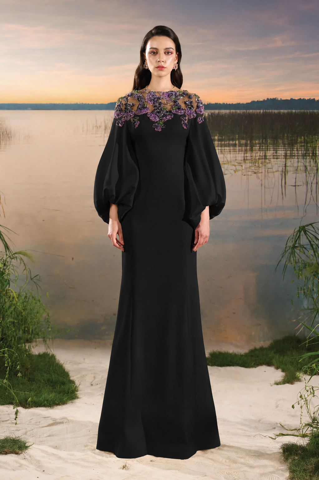 Shoulder Floral Embellished Long Puffy Sleeves Dress - TRACY COUTURE