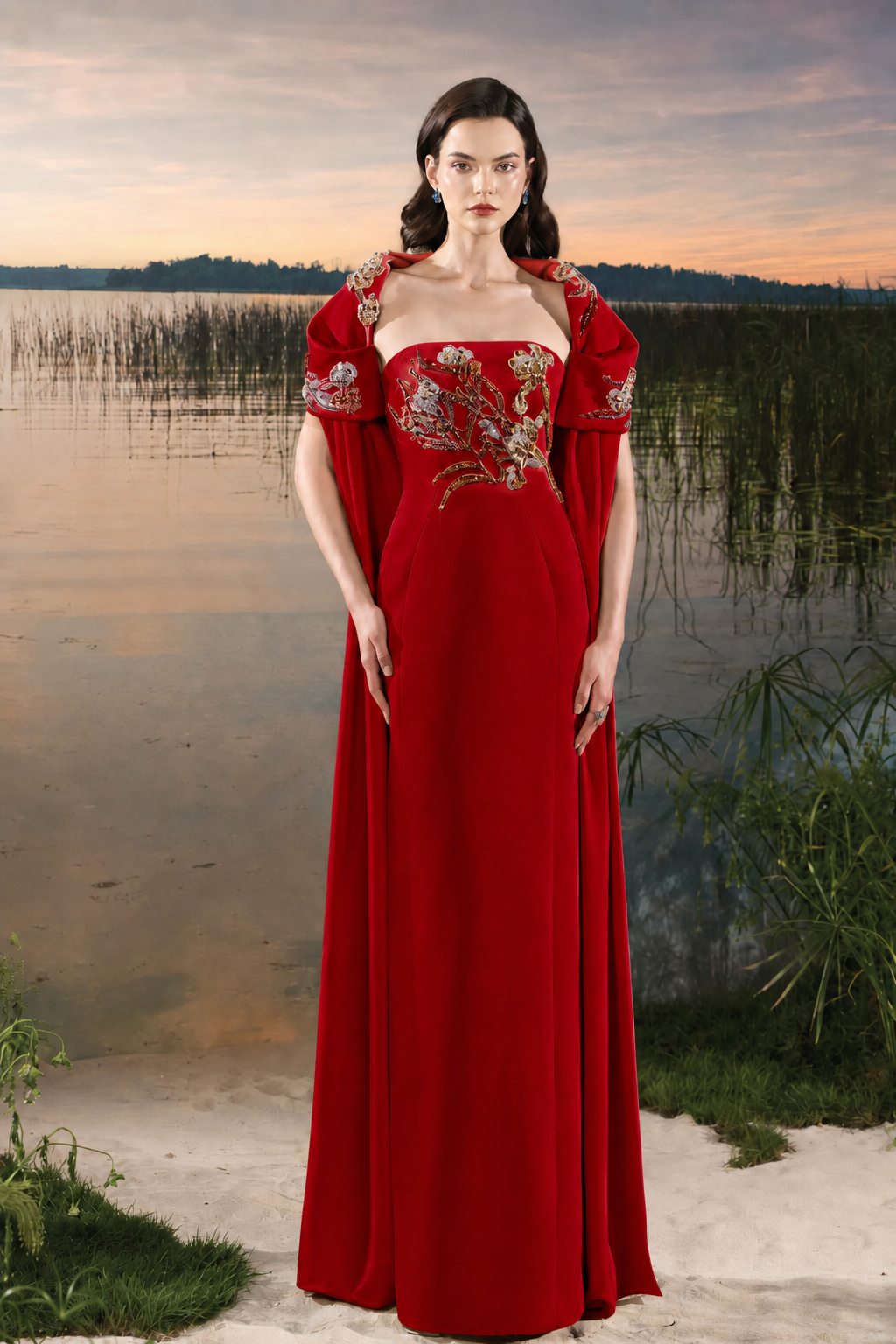 Puffy Shoulder Cape Strapless Dress - TRACY COUTURE