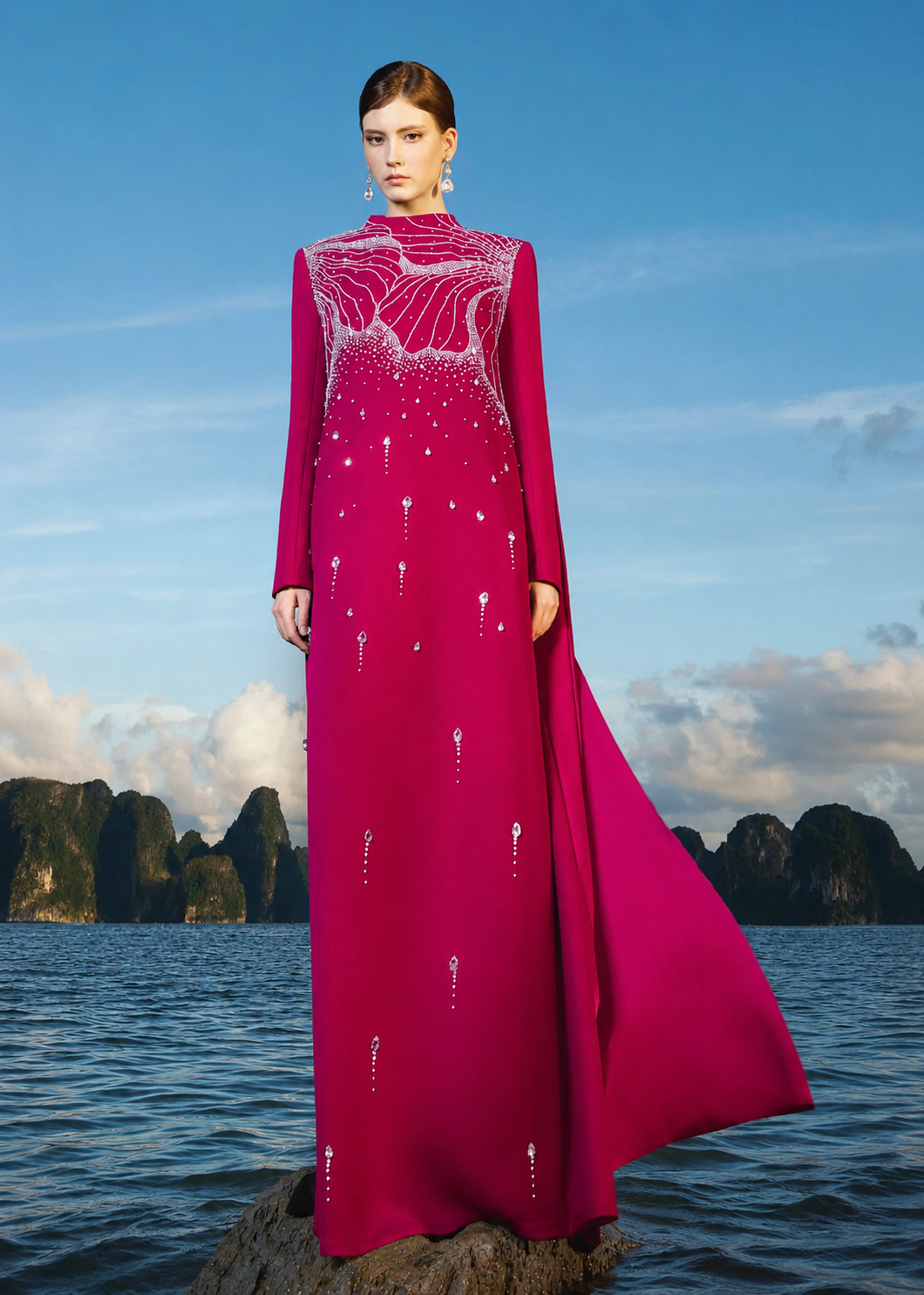 Floral Crystal Embellished Long Back Flap Dress - TRACY COUTURE