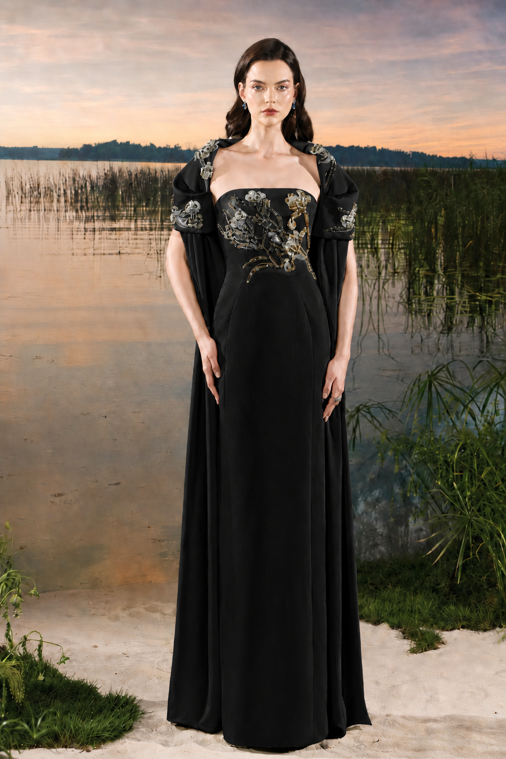 Puffy Shoulder Cape Strapless Dress - TRACY COUTURE