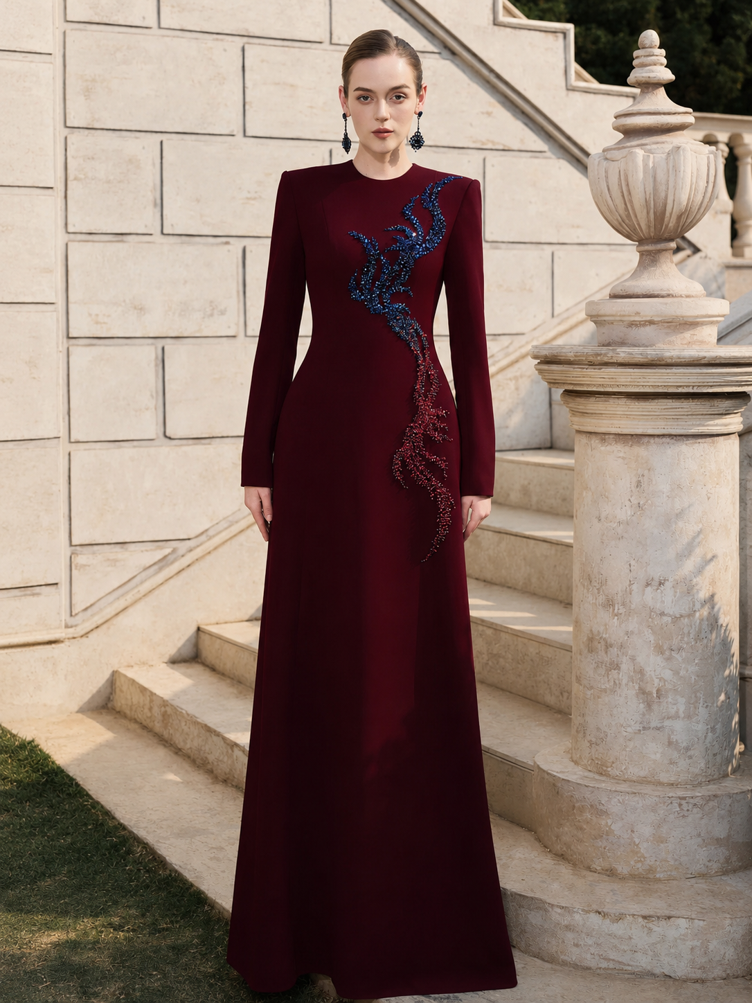 Long Sleeve Ombre Bead-Embellished Dress - TRACY COUTURE