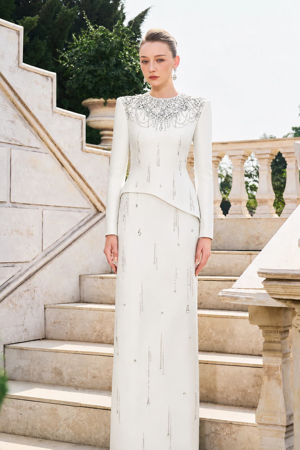 Rainfall Crystal-Embellished Light A-line Dress - TRACY COUTURE