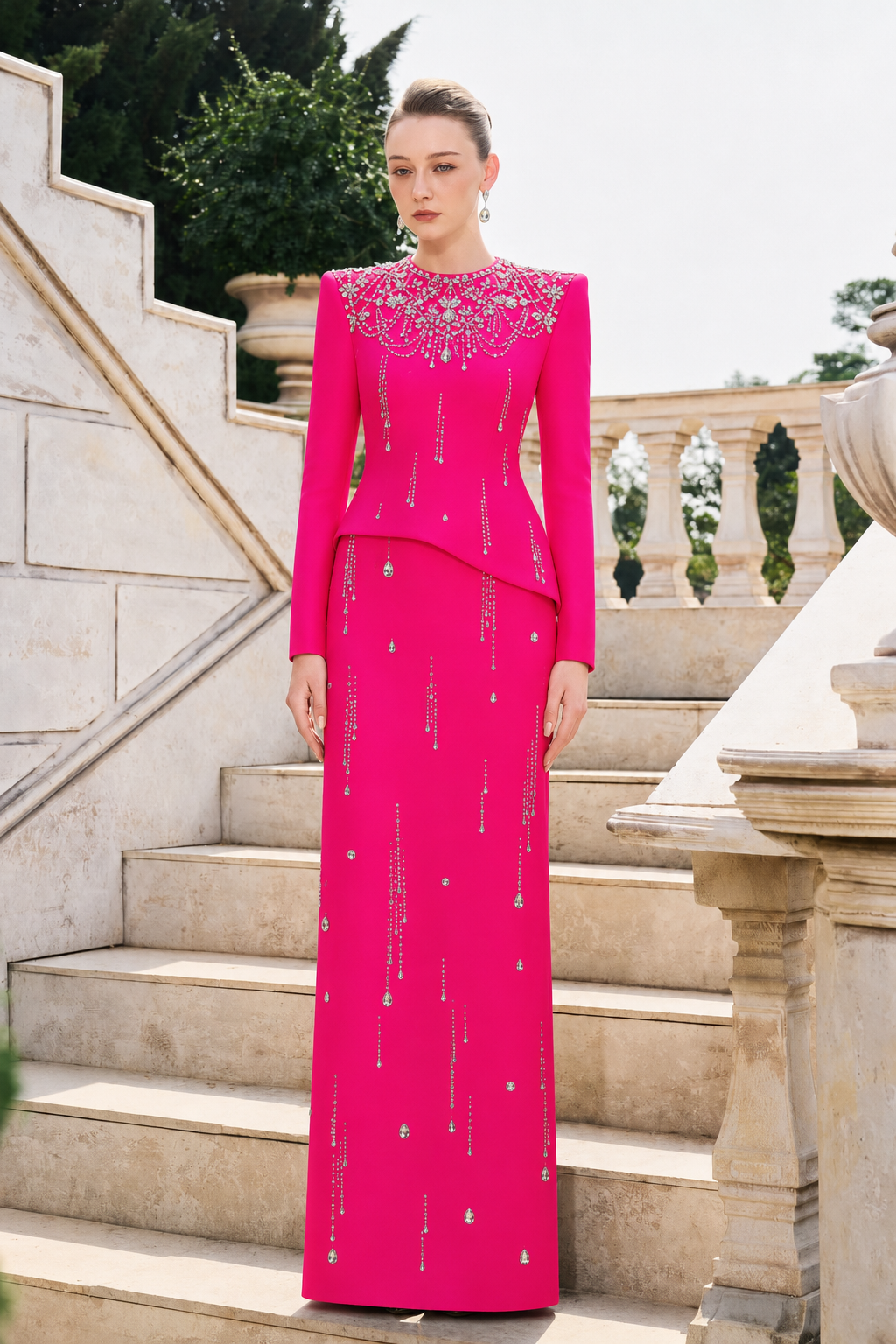 Rainfall Crystal-Embellished Light A-line Dress - TRACY COUTURE