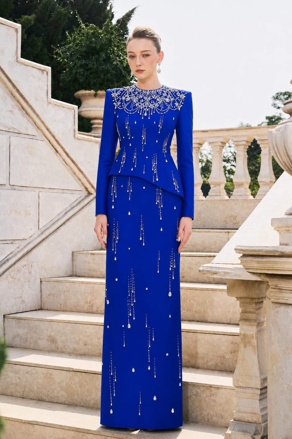 Rainfall Crystal-Embellished Light A-line Dress - TRACY COUTURE