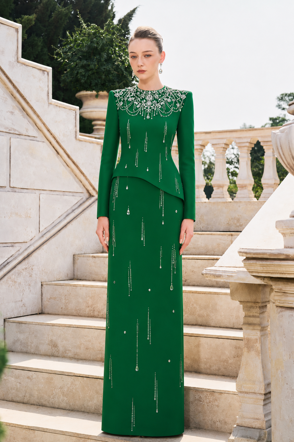 Rainfall Crystal-Embellished Light A-line Dress - TRACY COUTURE