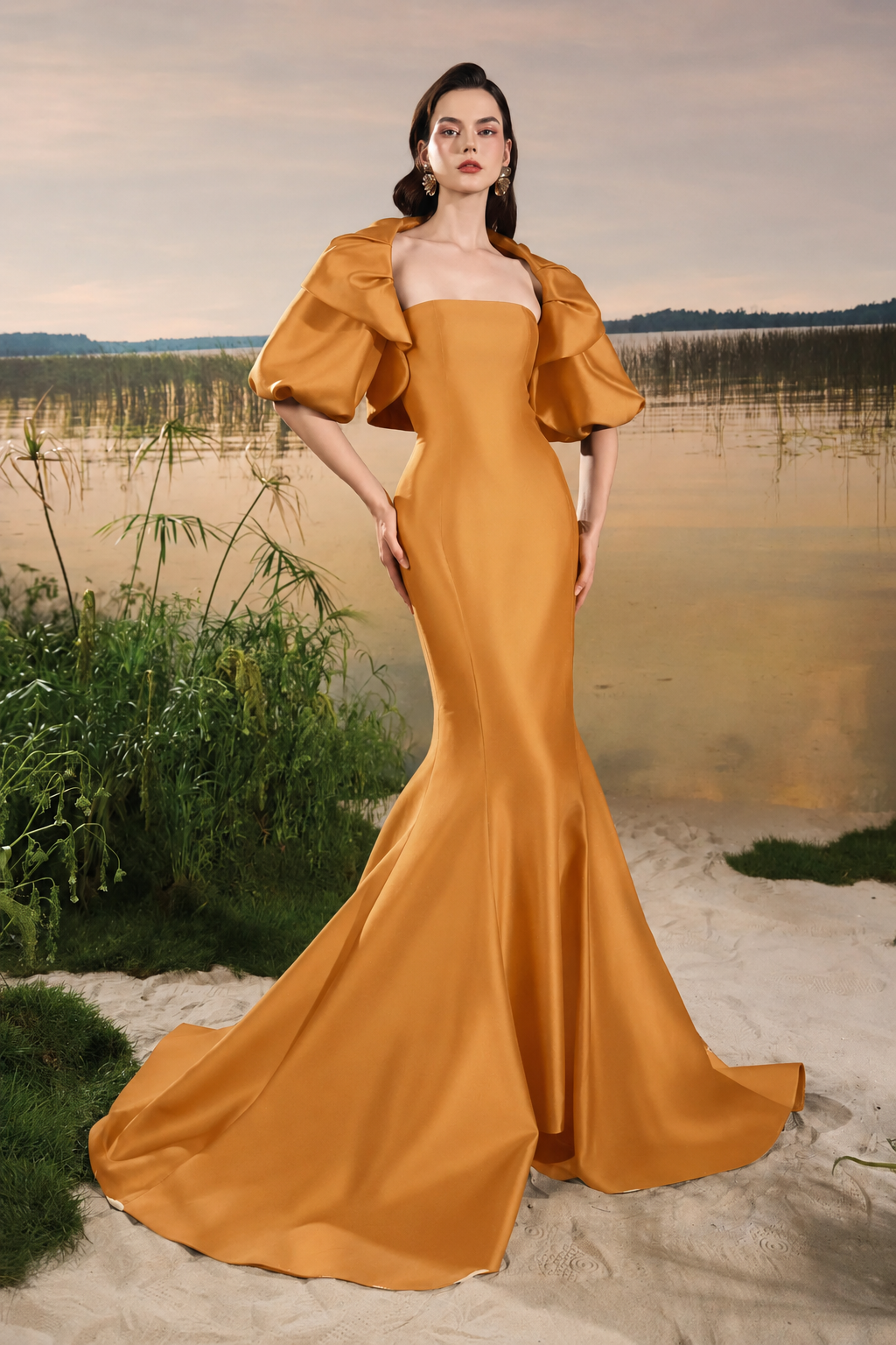 Gathered Puffy Cape Strapless Mermaid Dress - TRACY COUTURE
