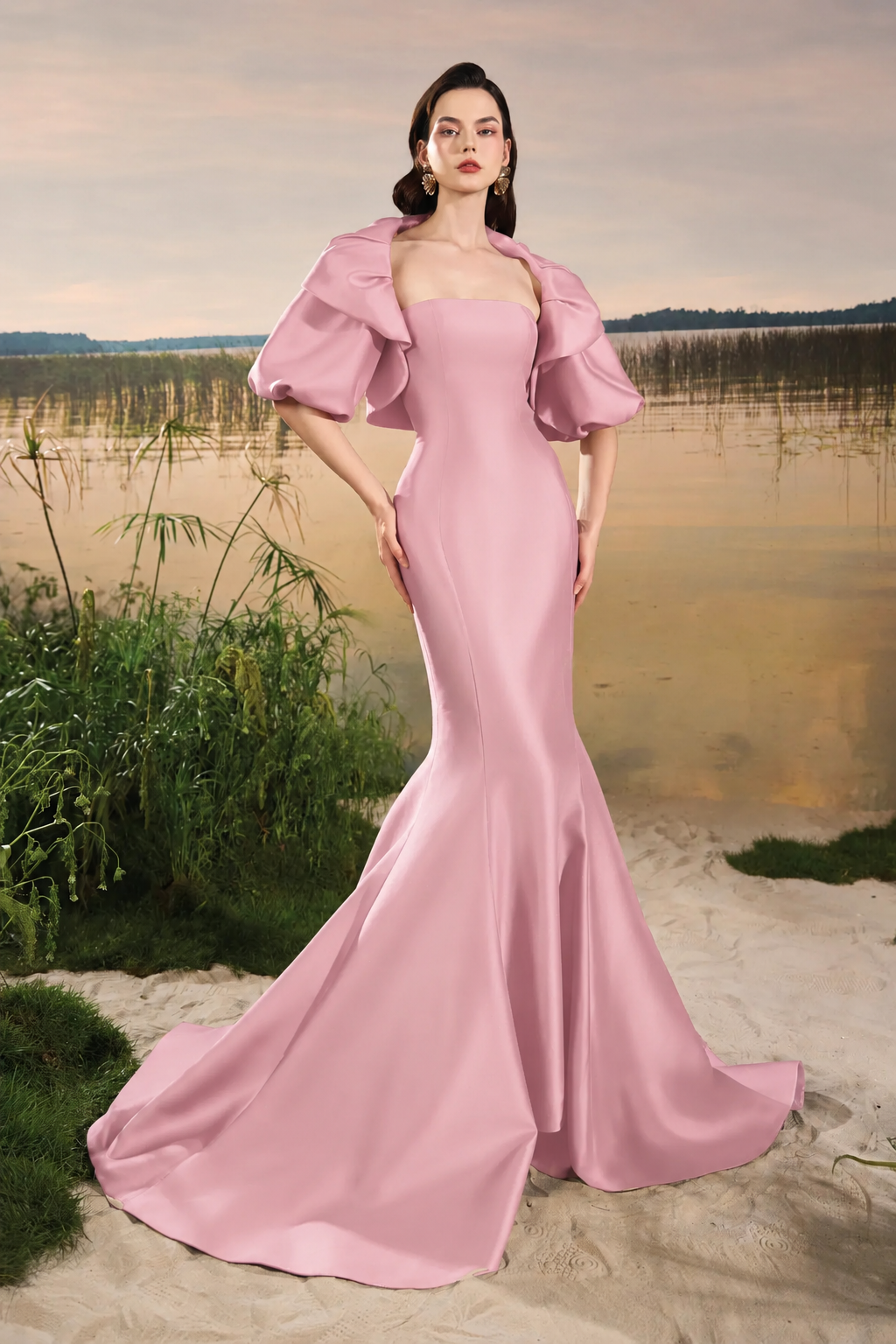 Gathered Puffy Cape Strapless Mermaid Dress - TRACY COUTURE