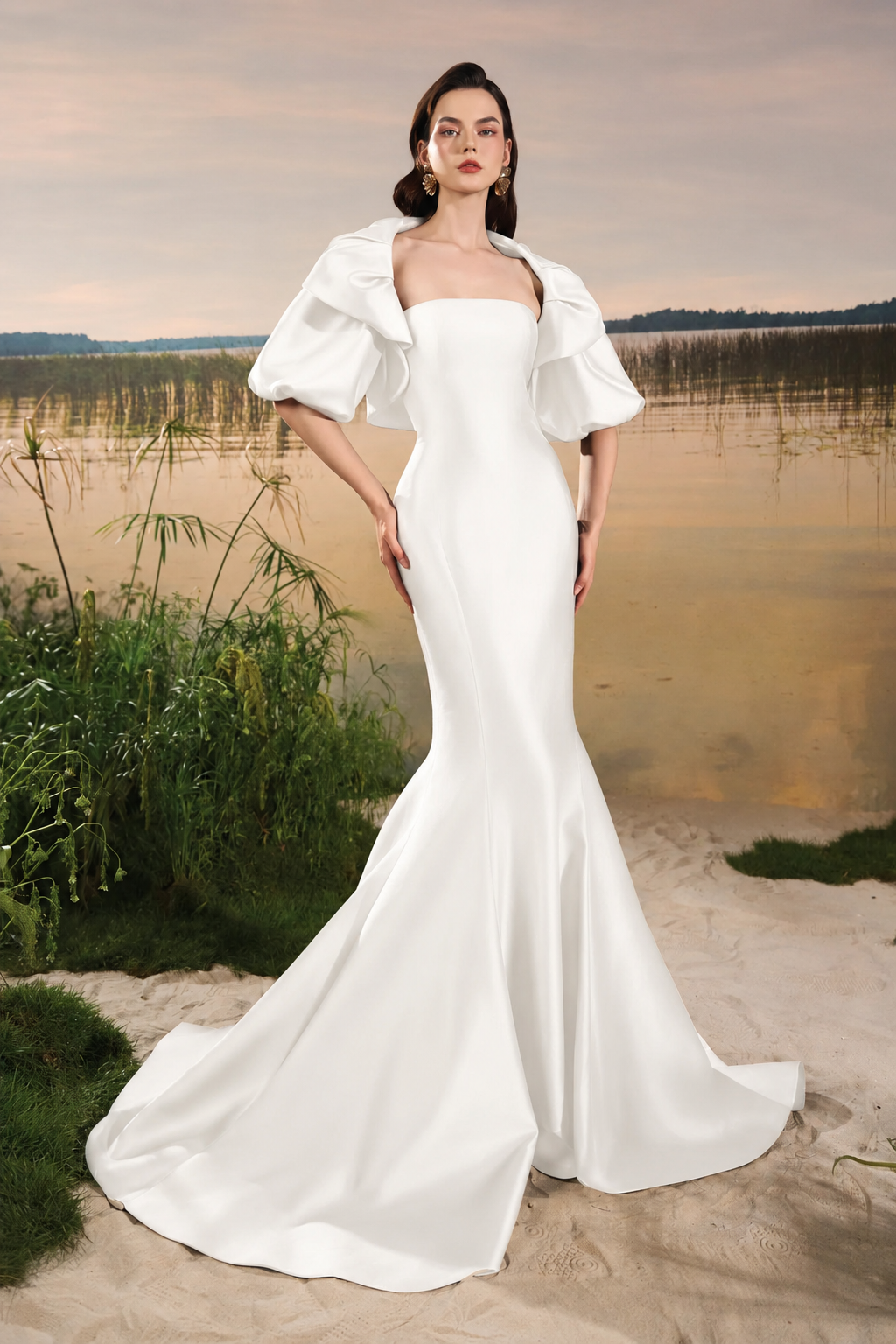 Gathered Puffy Cape Strapless Mermaid Dress - TRACY COUTURE